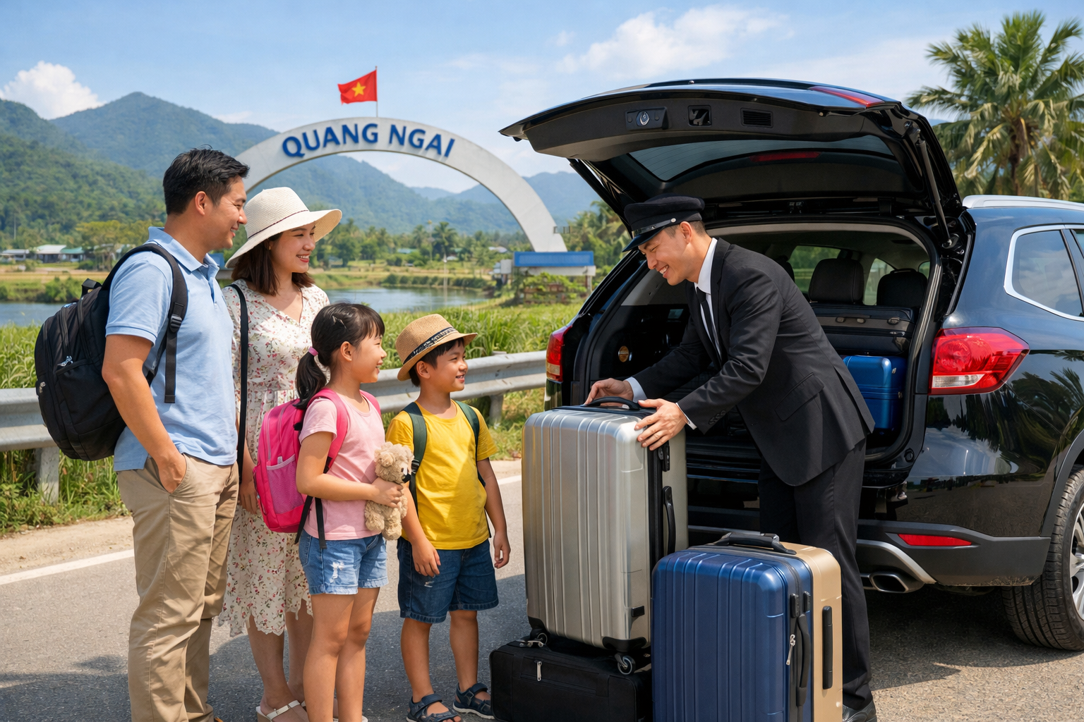 Tài xế hỗ trợ hành lý khi đón khách ở Quảng Ngãi