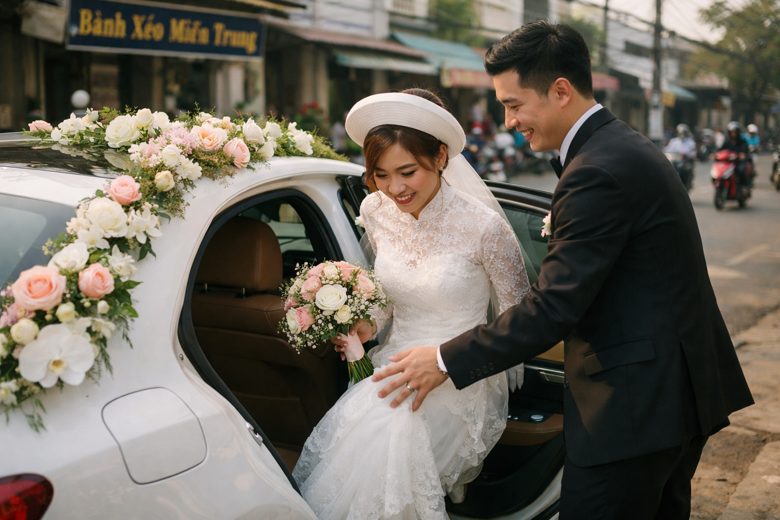 Cô dâu chú rể lên xe hoa trong ngày cưới ở Quảng Ngãi