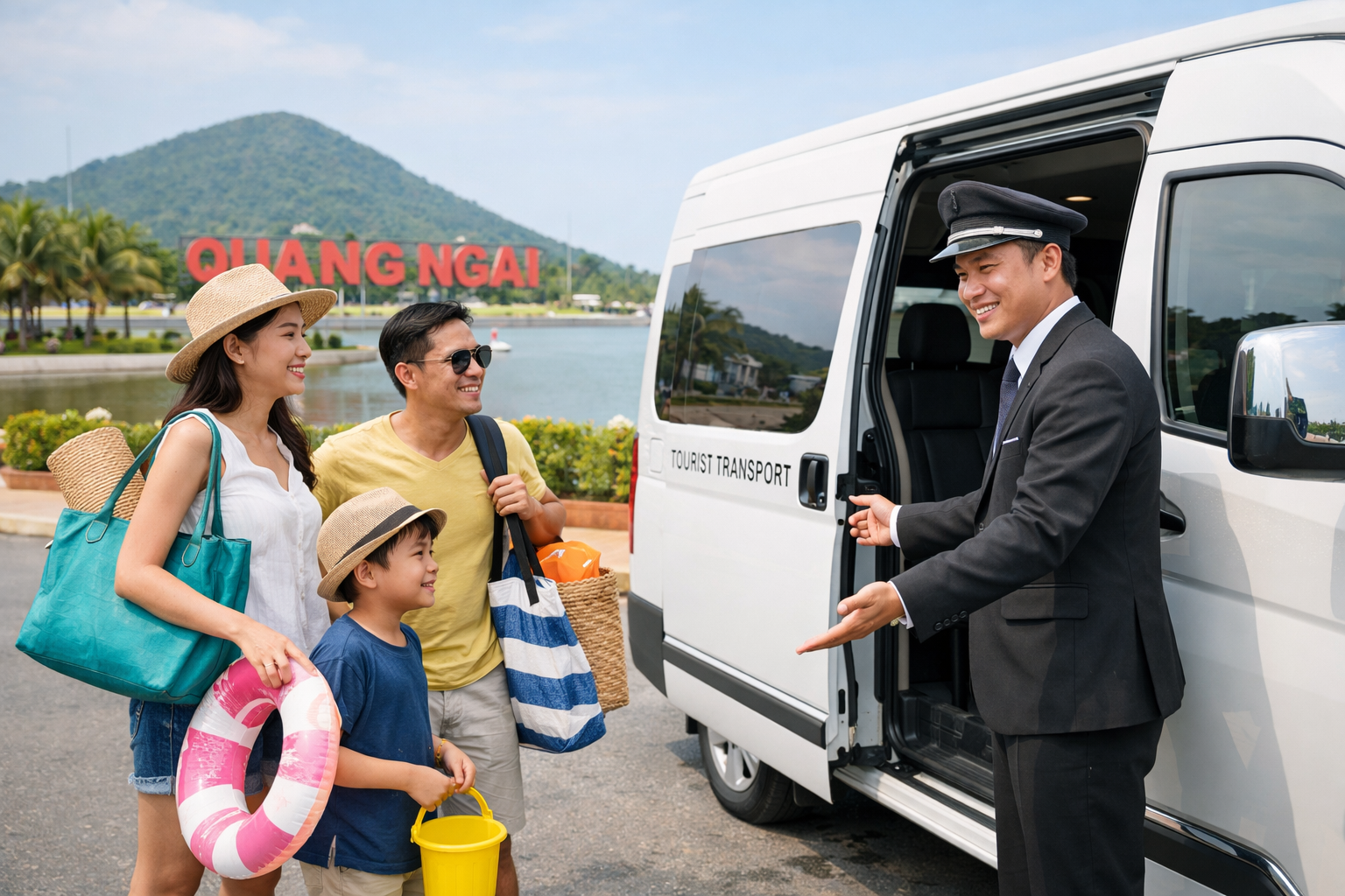 Tài xế hỗ trợ khách lên xe đi biển ở Quảng Ngãi