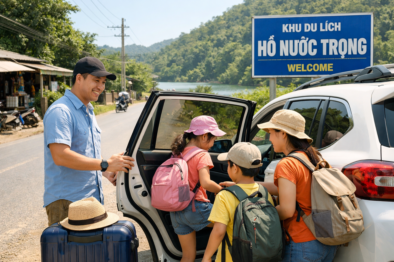 Gia đình lên xe để đi Hồ Nước Trong