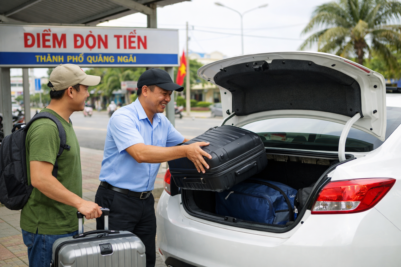 Tài xế hỗ trợ hành lý khi đặt xe ghép đi Măng Đen