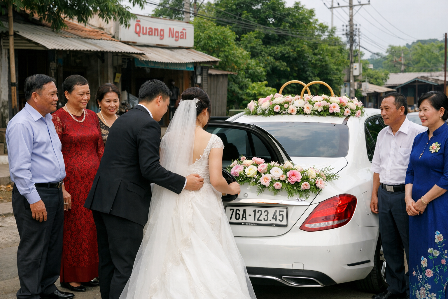 Cô dâu chú rể chuẩn bị lên xe hoa tại Quảng Ngãi