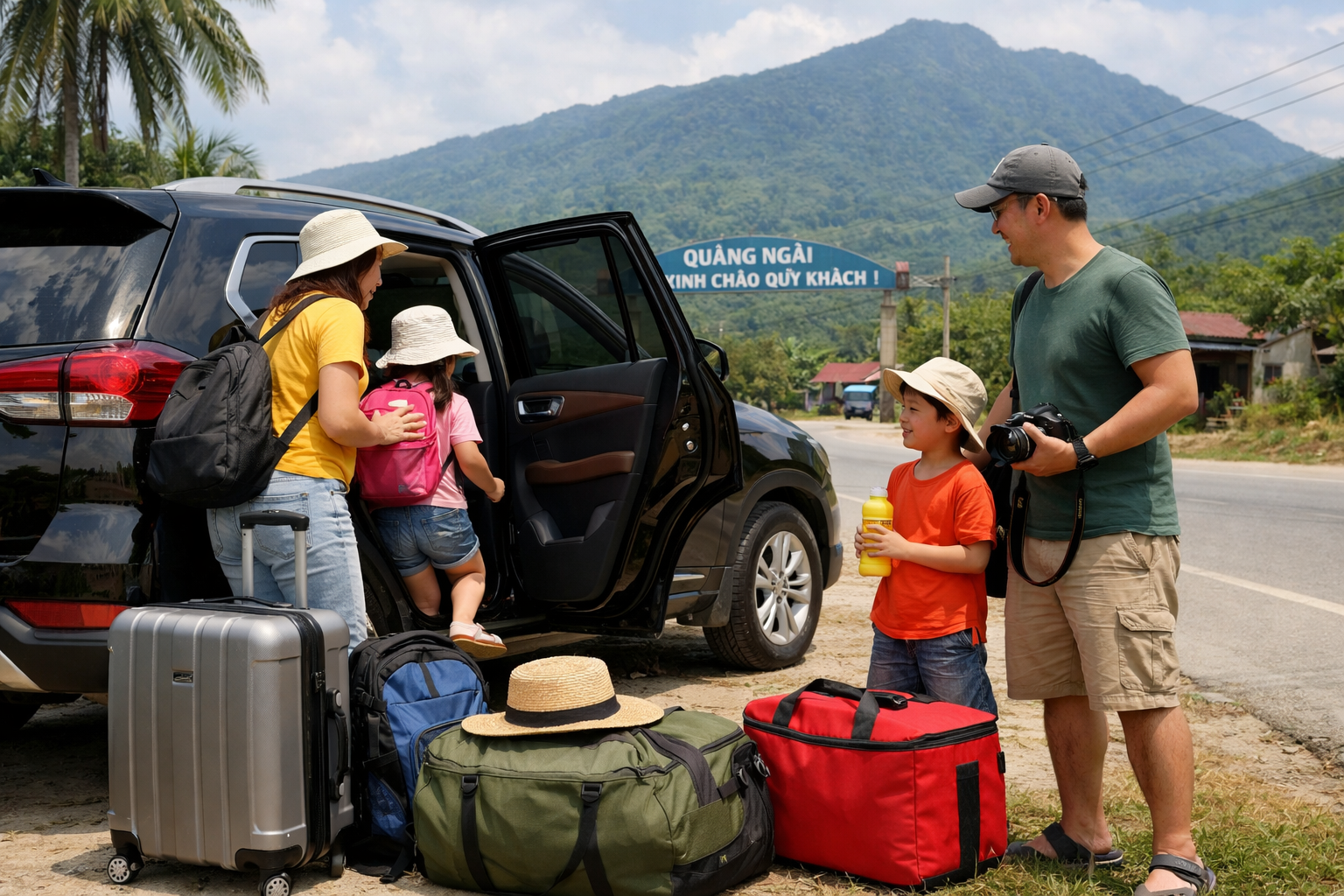 Gia đình lên xe riêng đi Núi Cà Đam từ Quảng Ngãi