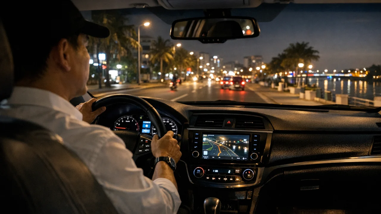 Tài xế chuyên nghiệp lái xe an toàn trên đường Quảng Ngãi về đêm
