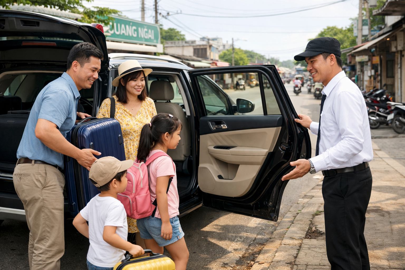 Gia đình lên xe thuê có tài tại Quảng Ngãi