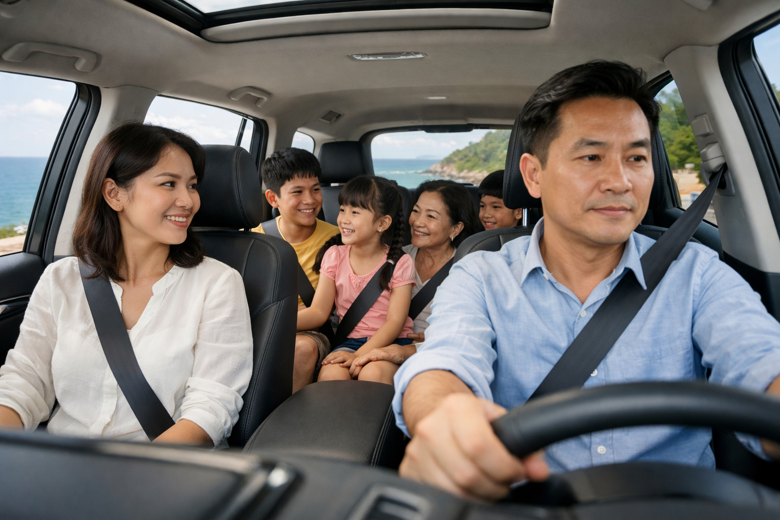 Gia đình đi Mũi Co Co ngồi thoải mái trên xe có tài