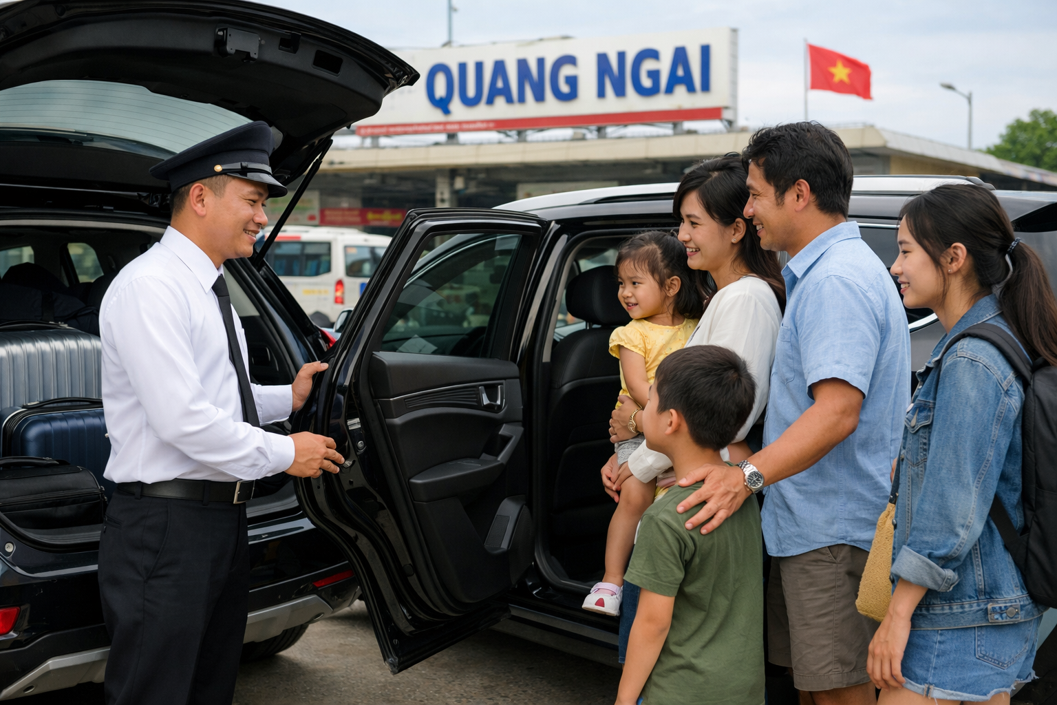 Tài xế hỗ trợ đón khách tại điểm hẹn ở Quảng Ngãi