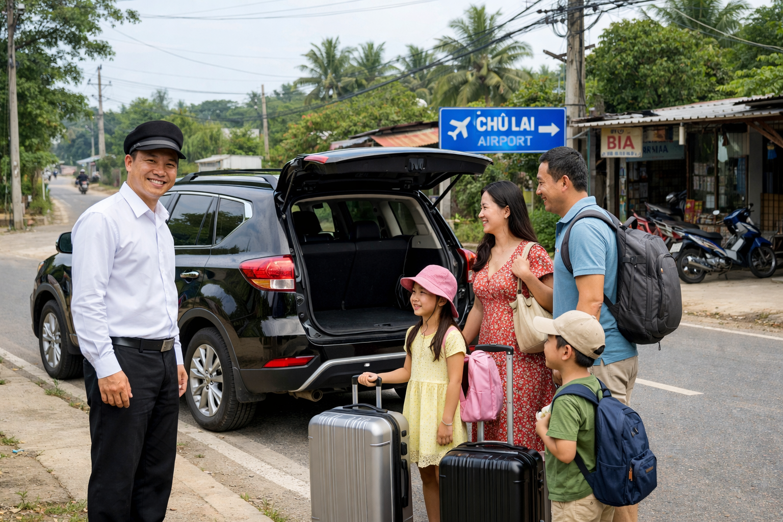 Gia đình lên xe đi sân bay Chu Lai từ Bình Sơn