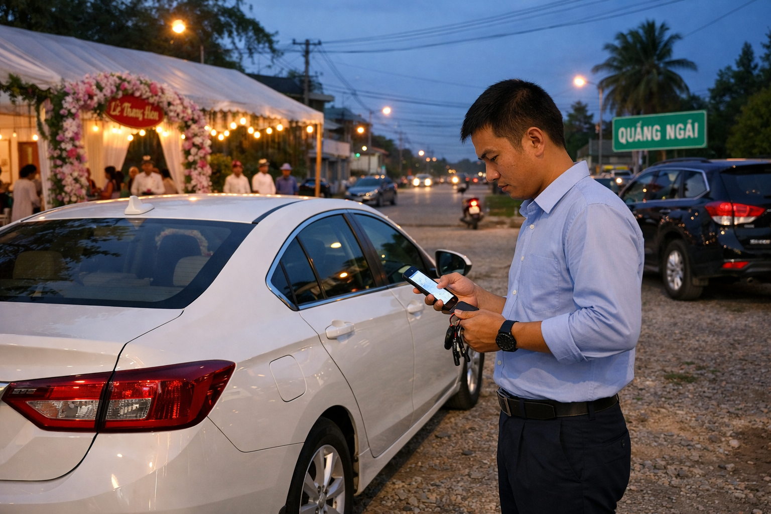 Tài xế kiểm tra xe trước khi lái hộ sau tiệc cưới