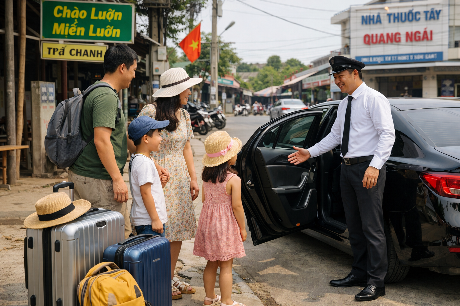 Gia đình lên xe riêng đi Cánh đồng hành Lý Sơn