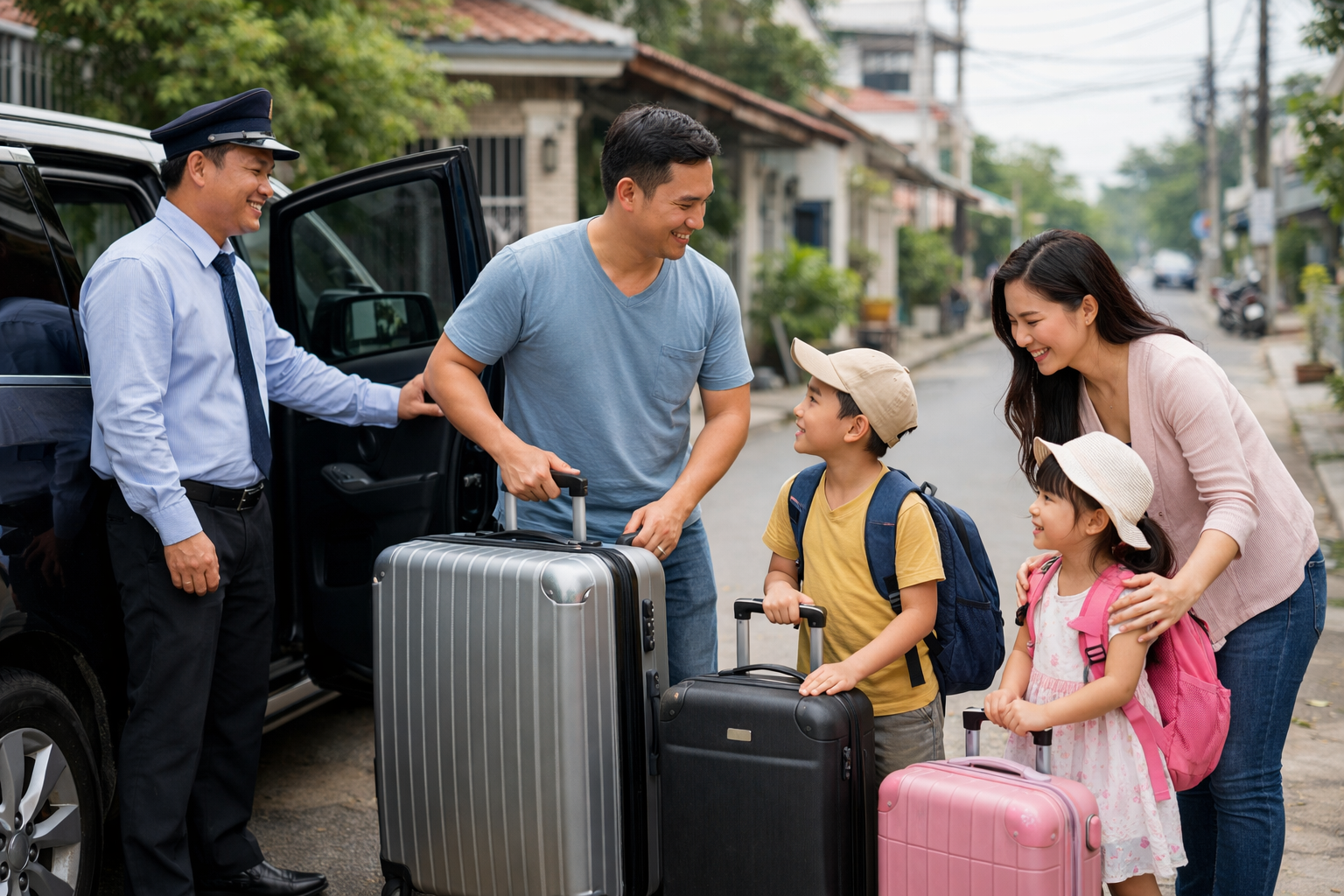 Gia đình lên xe có tài ở Quảng Ngãi để đi sân bay Chu Lai