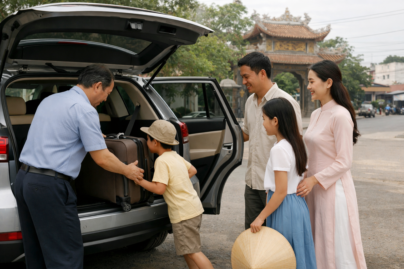 Gia đình lên xe riêng đi Chùa Hang từ Quảng Ngãi