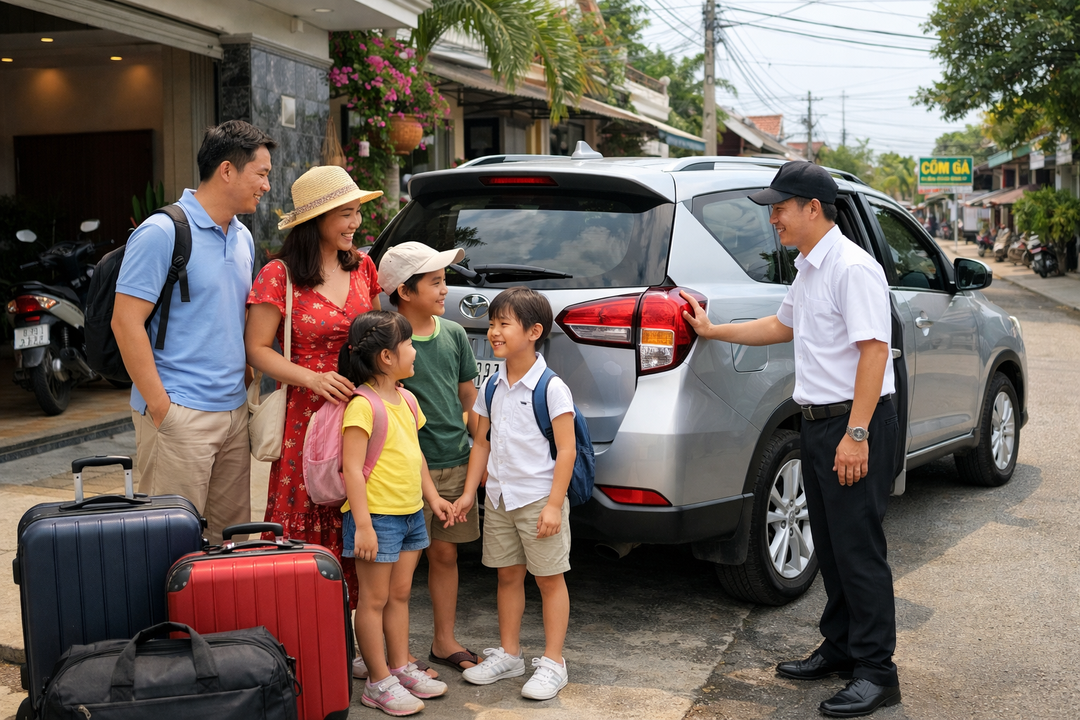 Gia đình lên xe riêng tại Quảng Ngãi trước chuyến tham quan Lý Sơn