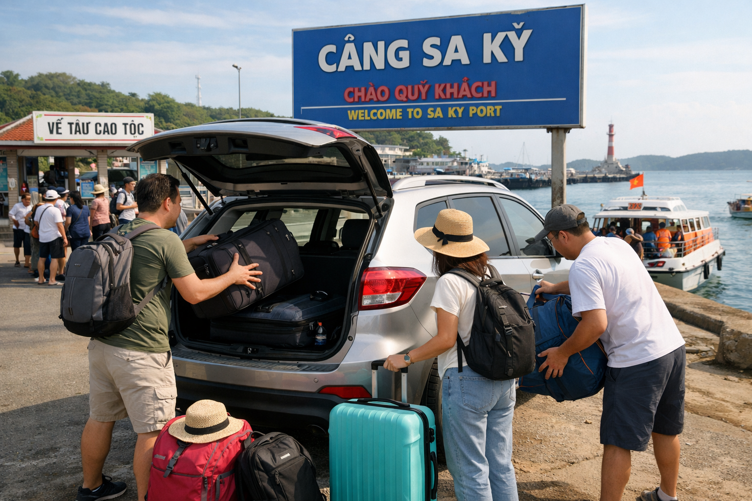 Xe riêng chở khách đến cảng để đi Đảo Bé