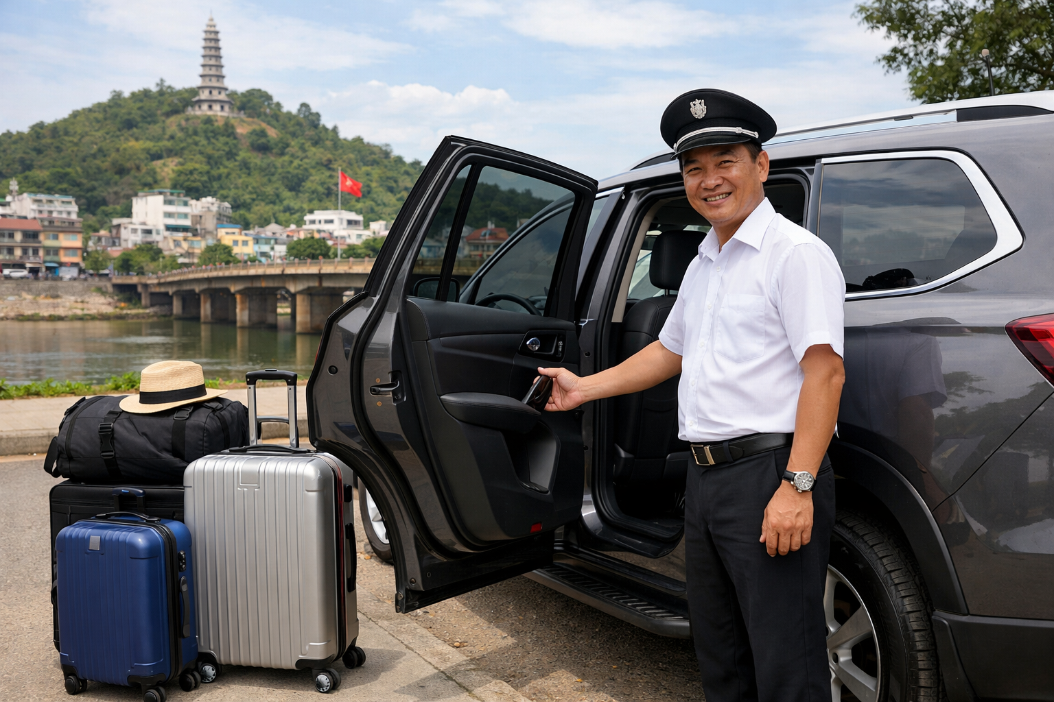 Tài xế hỗ trợ khách lên xe trước chuyến đi Hồ Thạch Nham