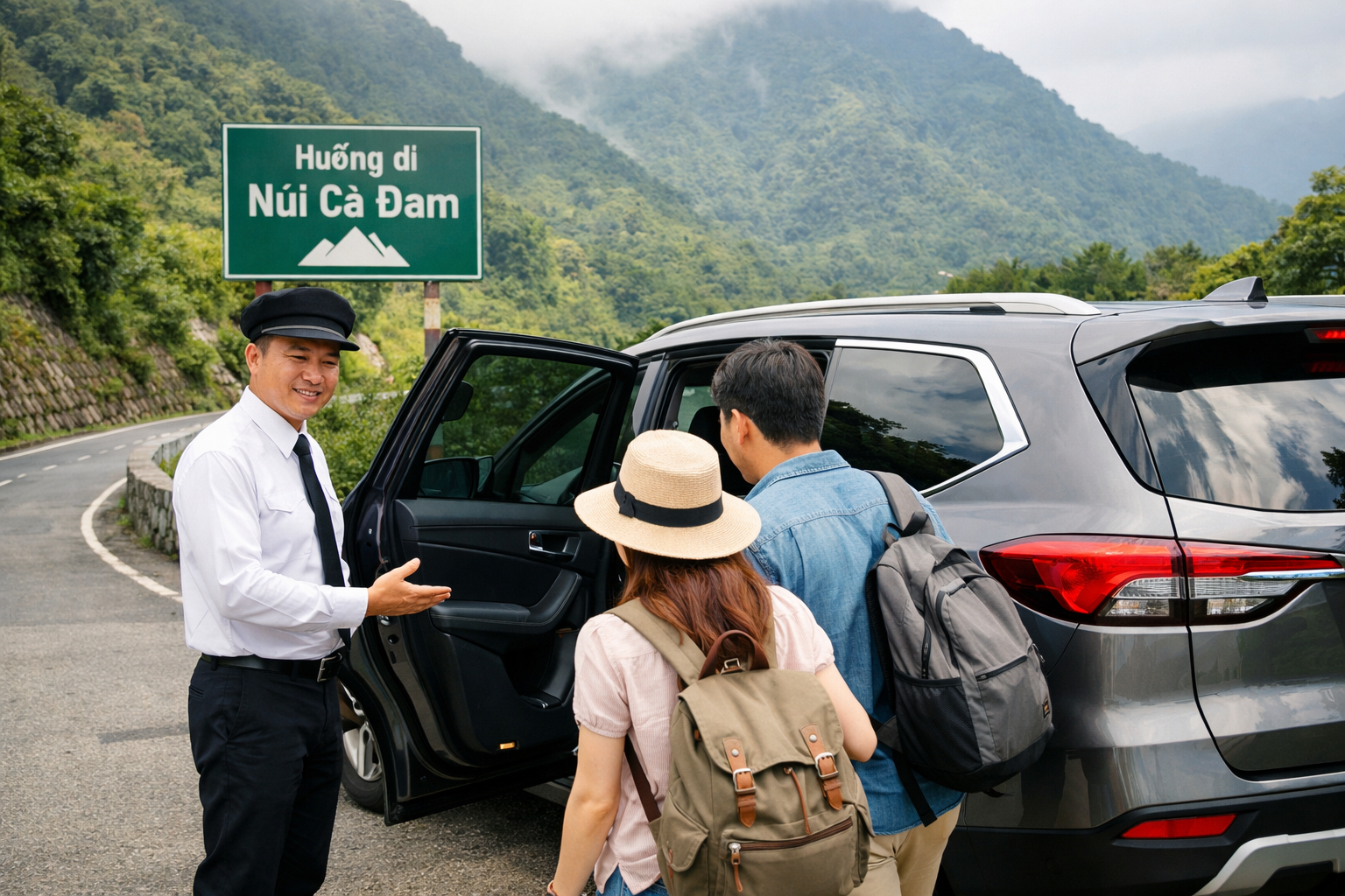 Tài xế hỗ trợ khách lên xe trên tuyến đi Núi Cà Đam