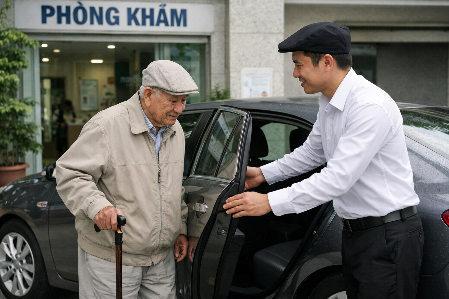 Tài xế hỗ trợ người lớn tuổi lên xe trước bệnh viện