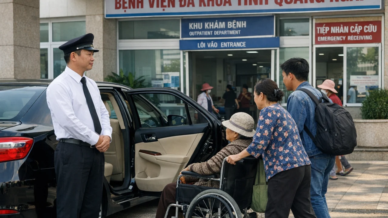 Xe có tài xế chờ đón người bệnh tại bệnh viện