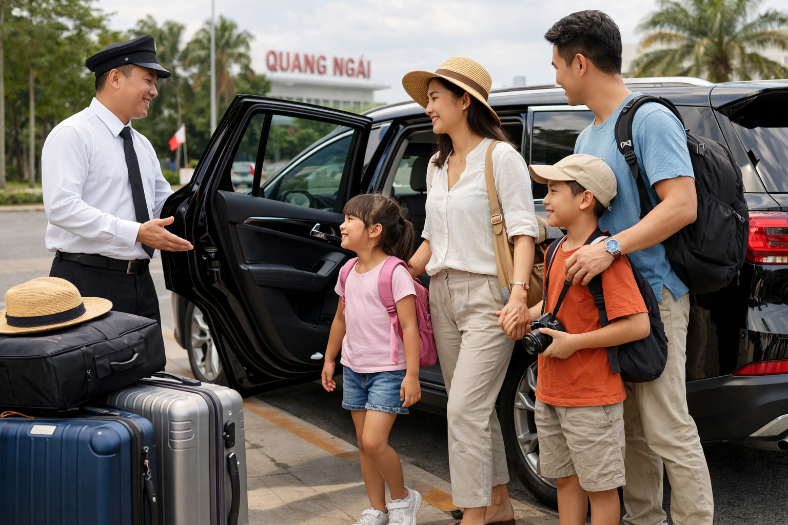 Gia đình lên xe riêng tại Quảng Ngãi để đi Hồ Nước Trong