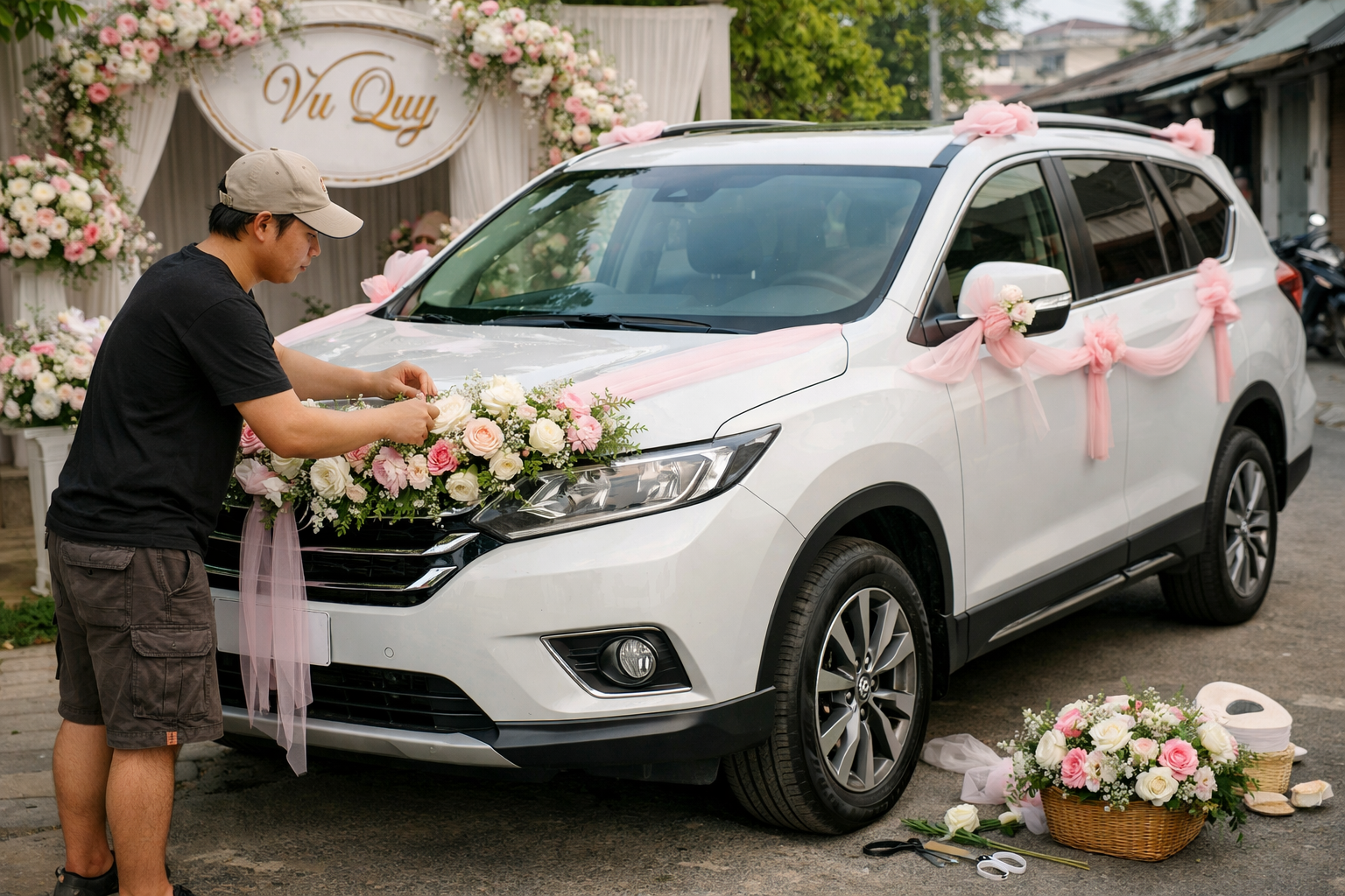 Trang trí xe hoa 7 chỗ ở Quảng Ngãi trước giờ đón dâu