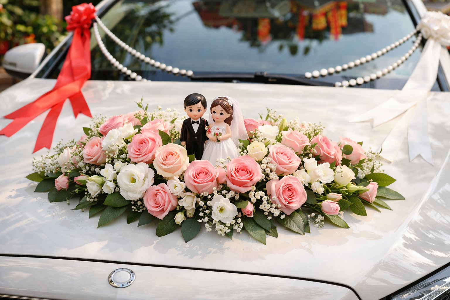 Cận cảnh trang trí xe hoa với hoa tươi và nơ cưới