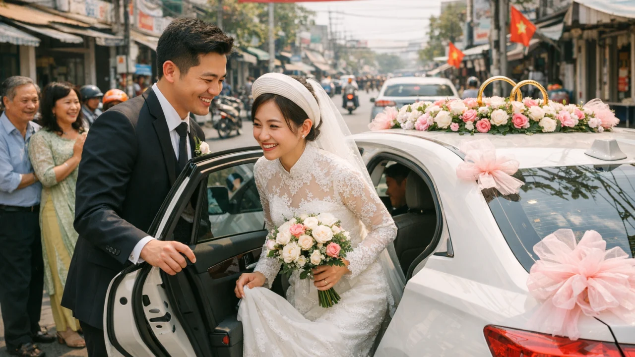 Cô dâu chú rể lên xe hoa tại Quảng Ngãi