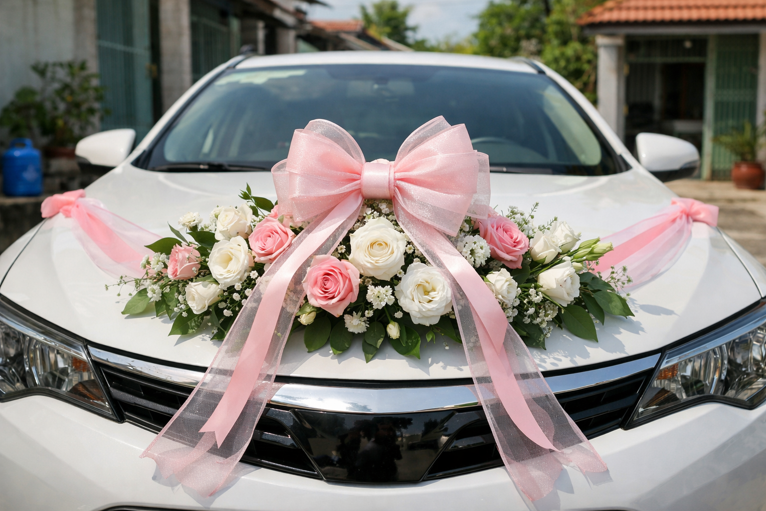 Chi tiết trang trí xe hoa bằng hoa tươi và ruy băng
