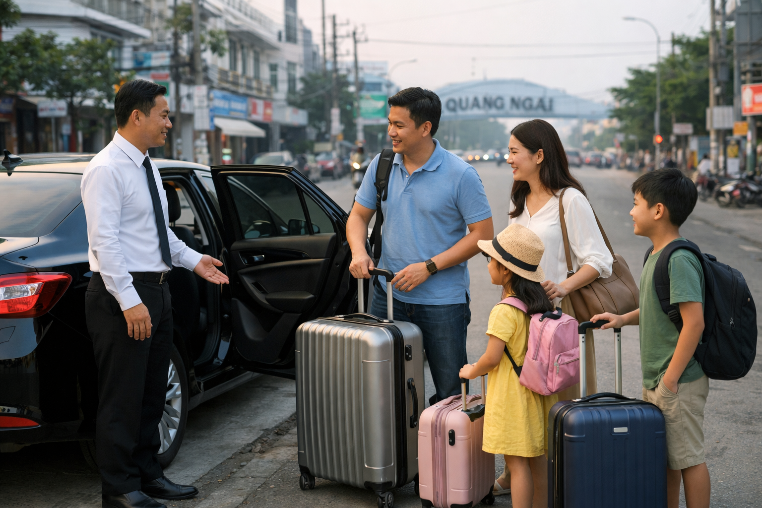 Gia đình chuẩn bị lên xe đi sân bay Đà Nẵng từ Quảng Ngãi