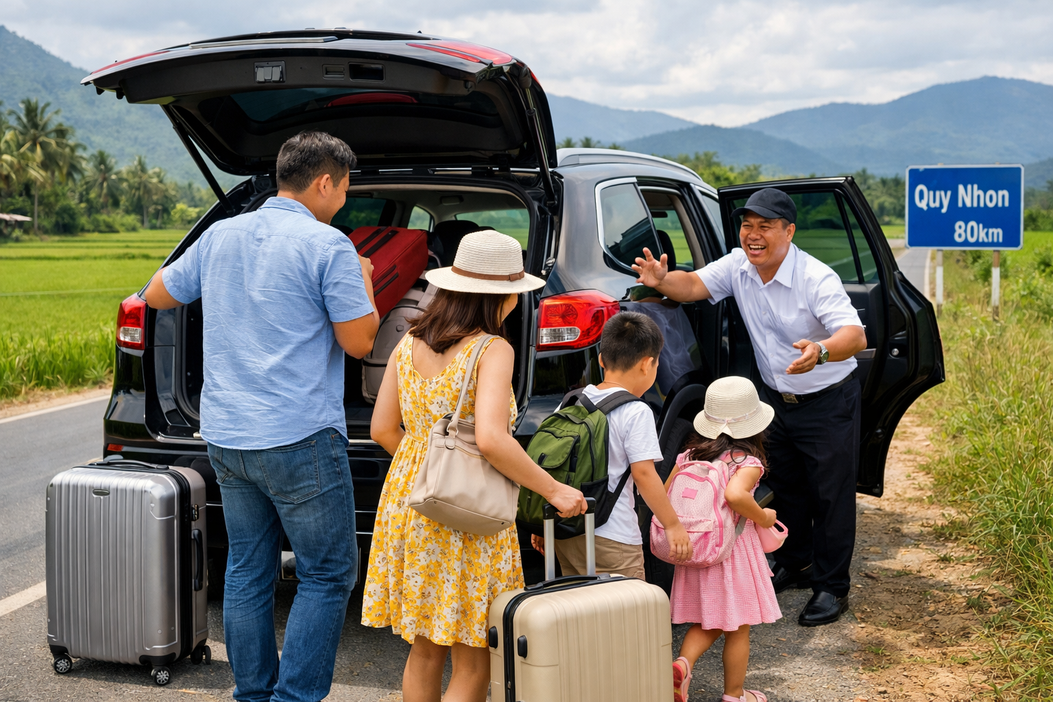Gia đình lên xe riêng đi Quy Nhơn từ Quảng Ngãi