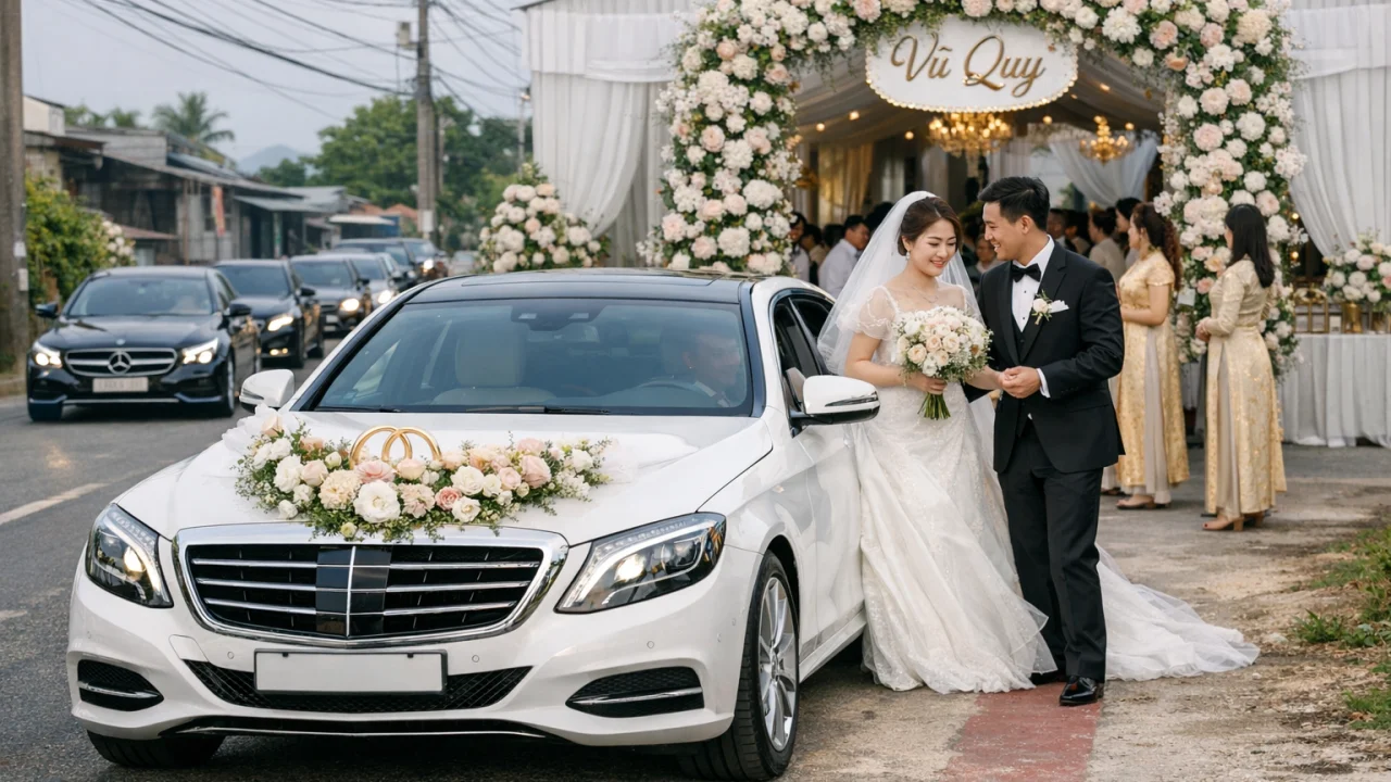 Đoàn xe cưới tại Quảng Ngãi với xe hoa trang trí nổi bật