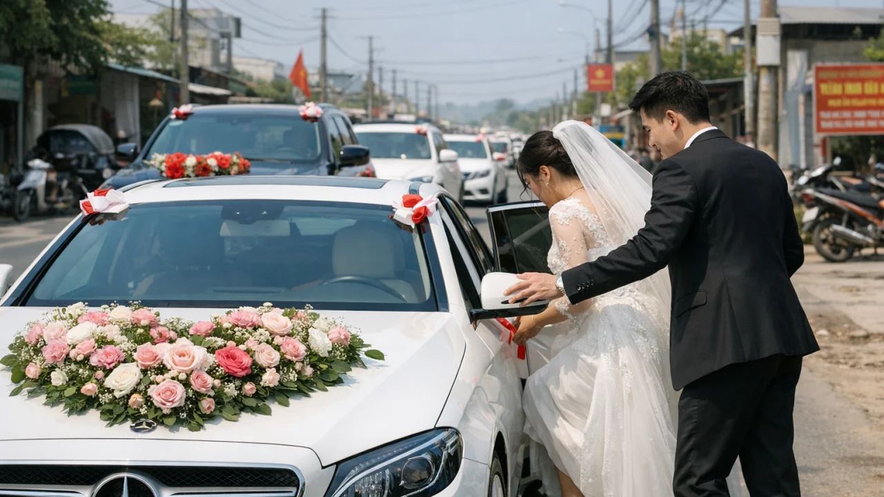 Cô dâu chú rể lên xe hoa tại Quảng Ngãi