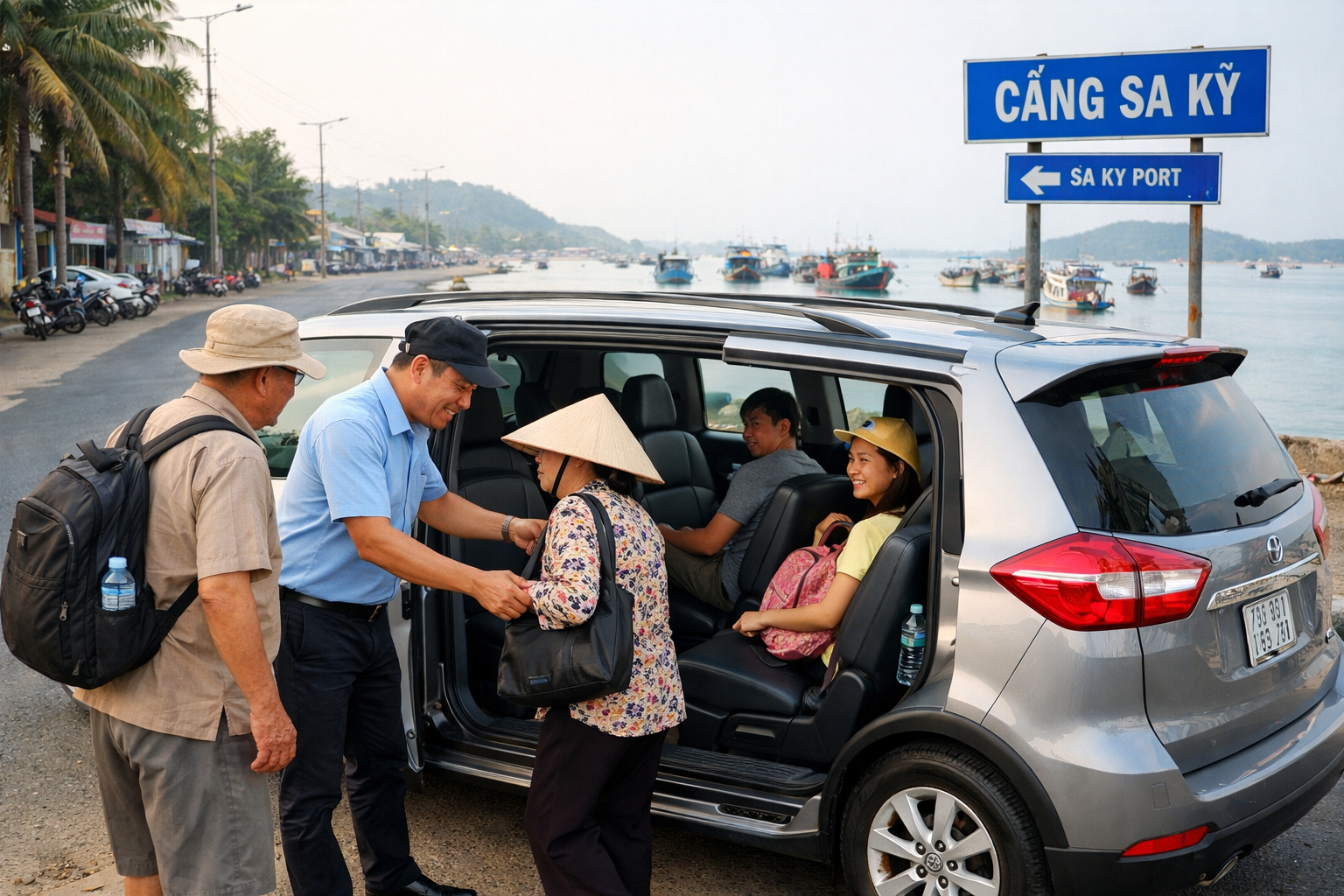 Tài xế hỗ trợ khách lên xe trước khi ra Cảng Sa Kỳ