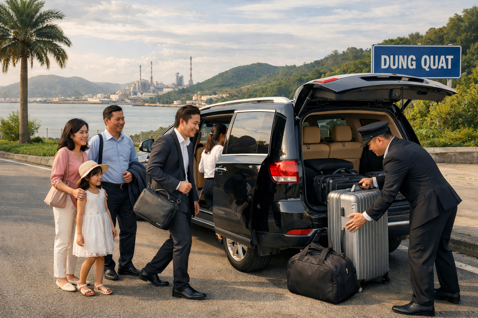 Khách lên xe riêng đi Biển Dung Quất trong lịch trình linh hoạt