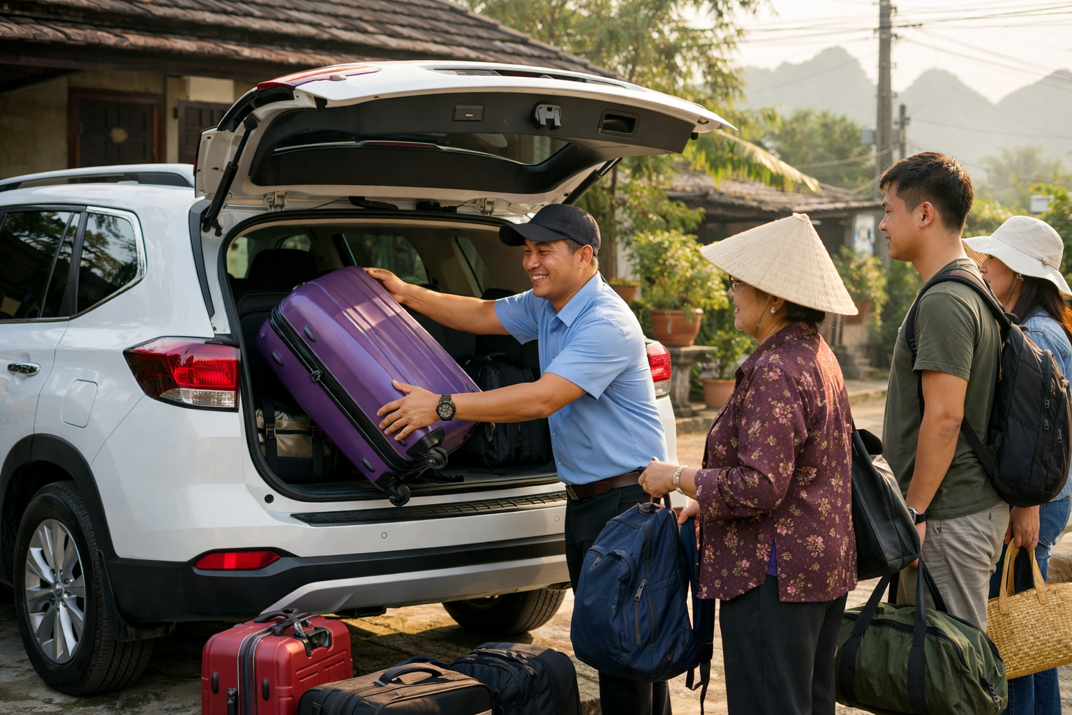Tài xế hỗ trợ khách lên xe trước chuyến đi Đèo Vi Ô Lắc