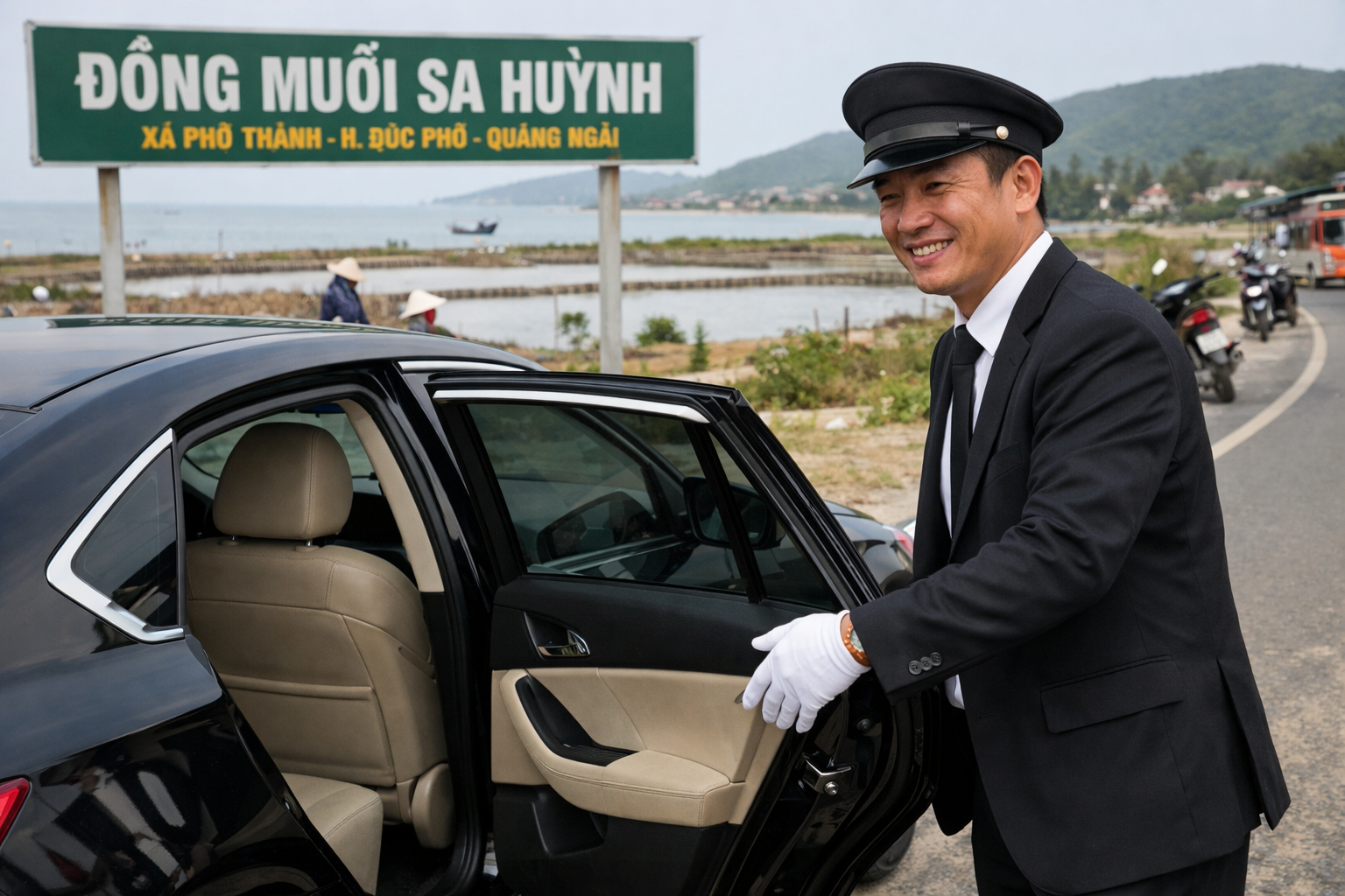 Tài xế hỗ trợ khách lên xe ở Đồng muối Sa Huỳnh