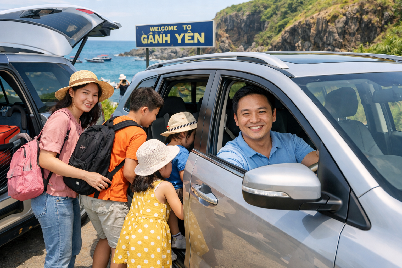 Gia đình lên xe đời mới để đi tham quan Gành Yến