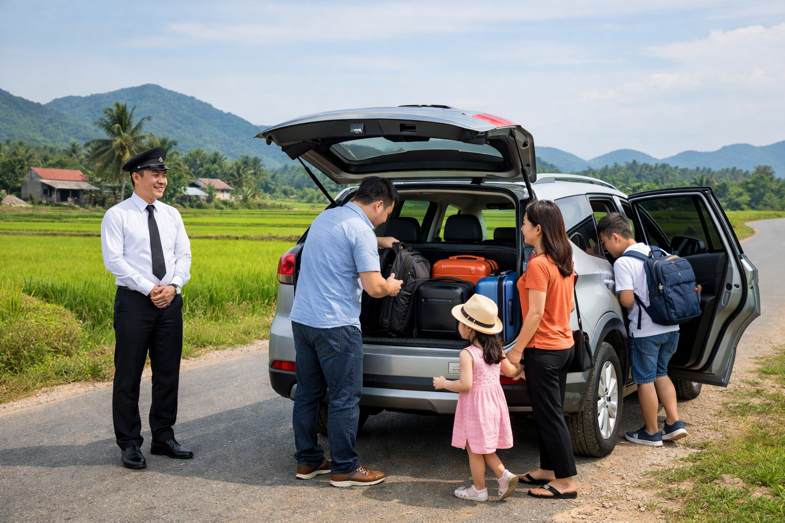 Gia đình lên xe đi Hồ Thạch Nham