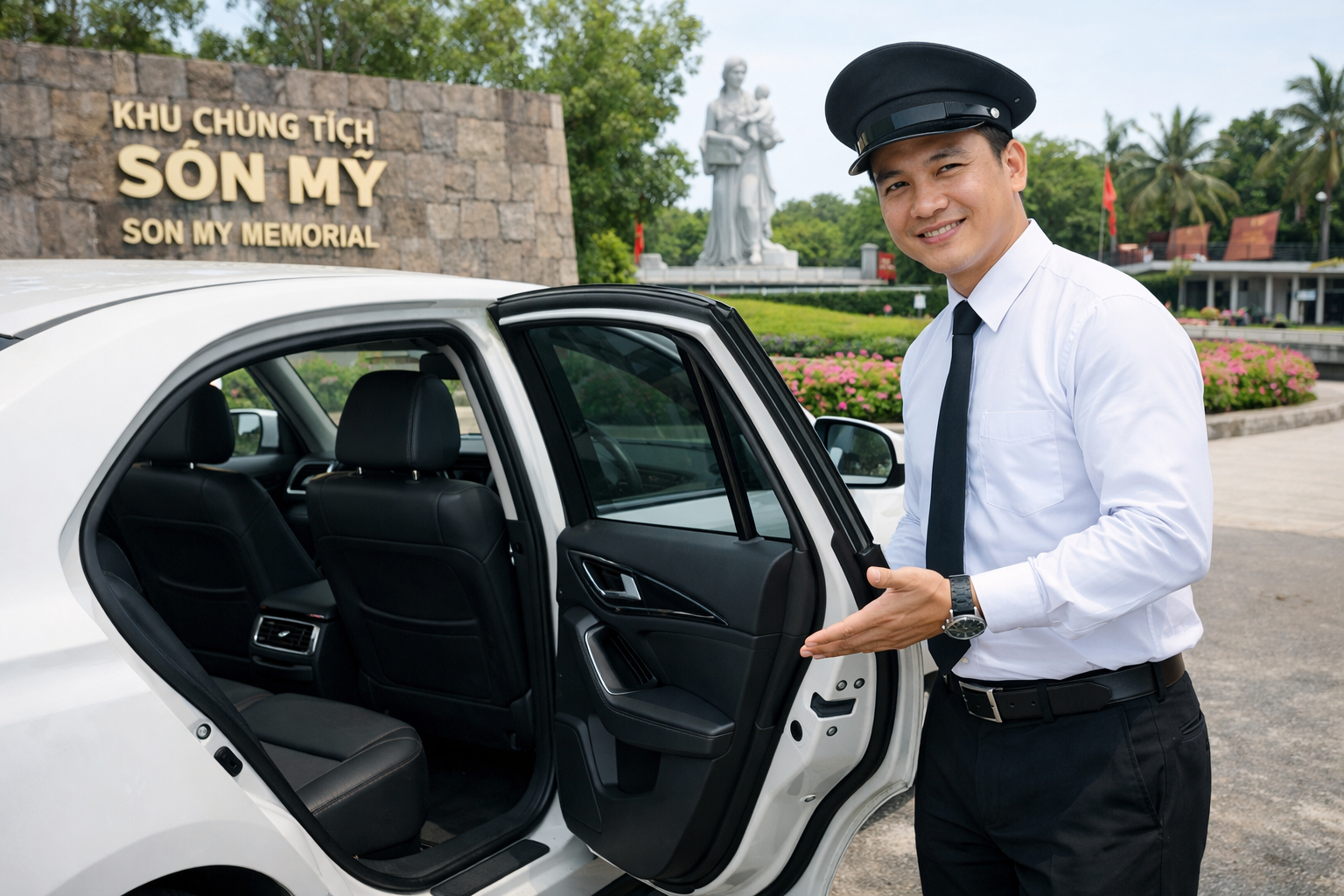 Tài xế hỗ trợ khách lên xe tại điểm tham quan ở Quảng Ngãi
