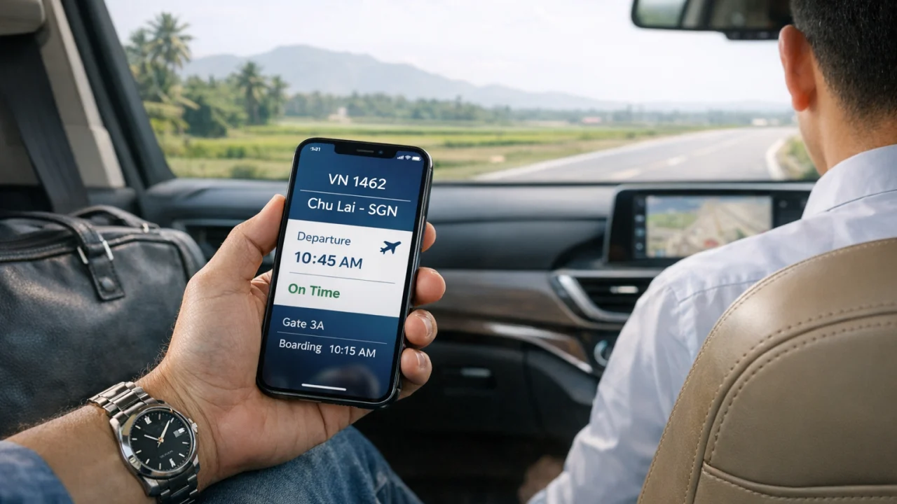 Khách kiểm tra giờ bay trên xe đi sân bay Chu Lai