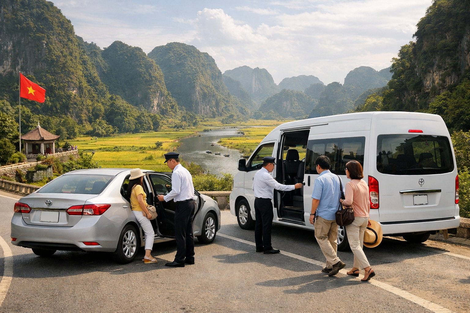 Xe 4 chỗ và 16 chỗ phục vụ chuyến đi Suối Chí