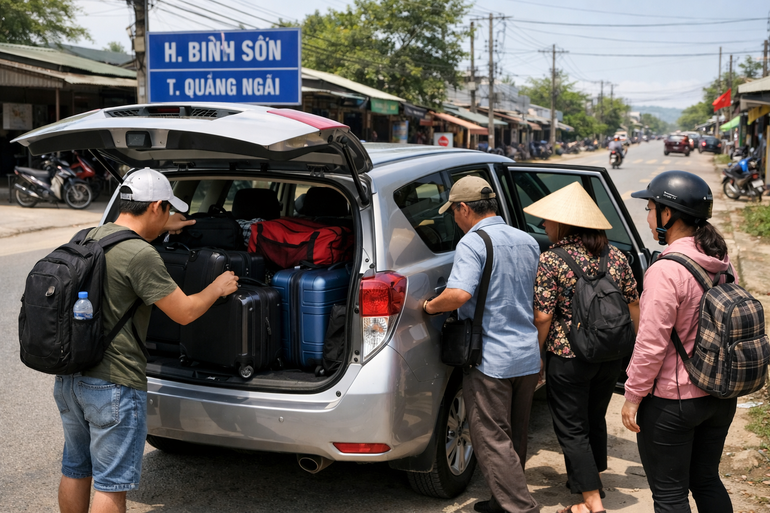 Khách lên xe ghép tại Bình Sơn trước giờ ra sân bay Chu Lai