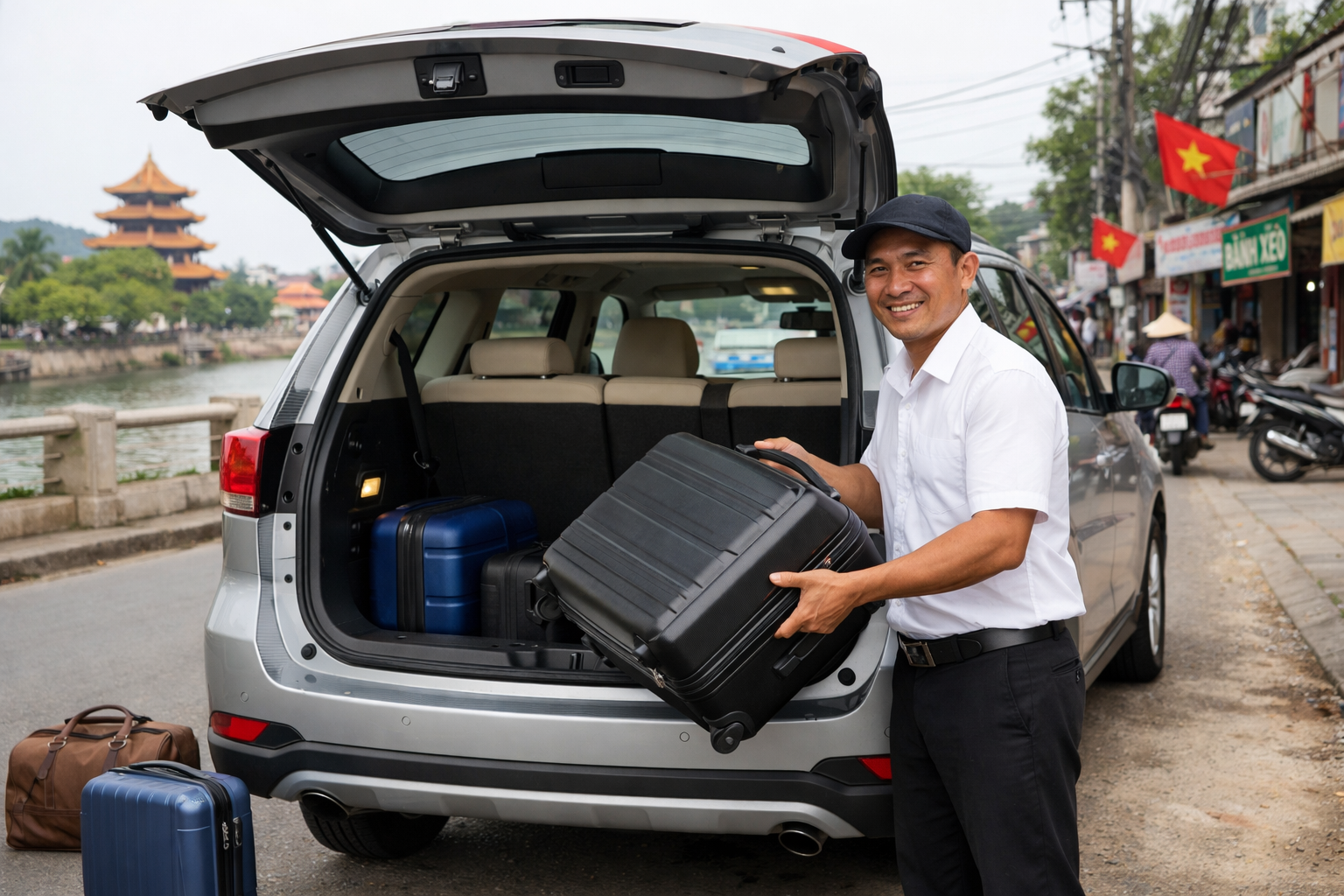Tài xế hỗ trợ hành lý khi đón khách ở Quảng Ngãi