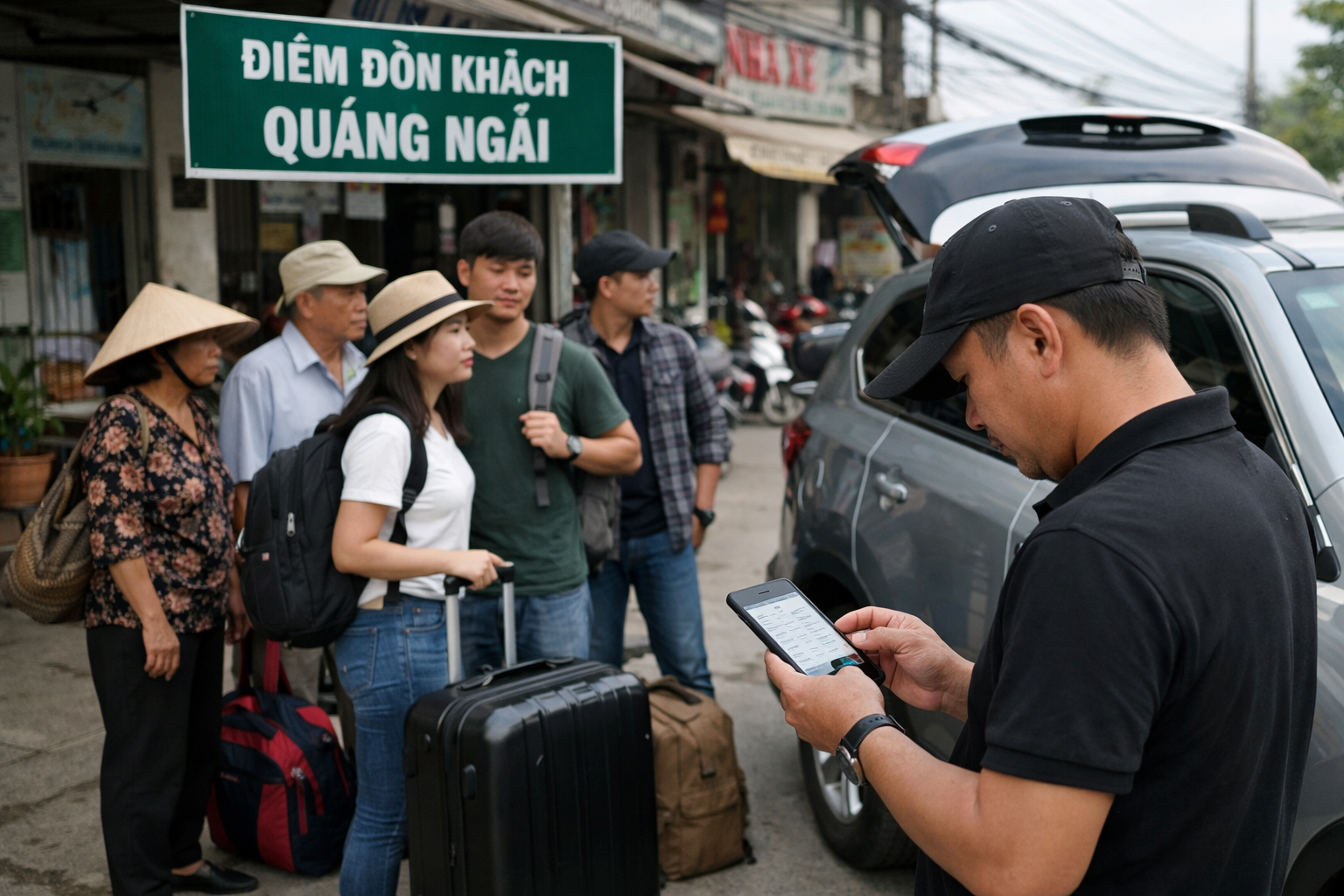 Khách chờ đón xe ghép tại Quảng Ngãi