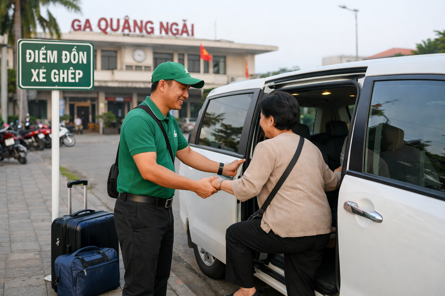 Tài xế hỗ trợ đón khách xe ghép tại Quảng Ngãi
