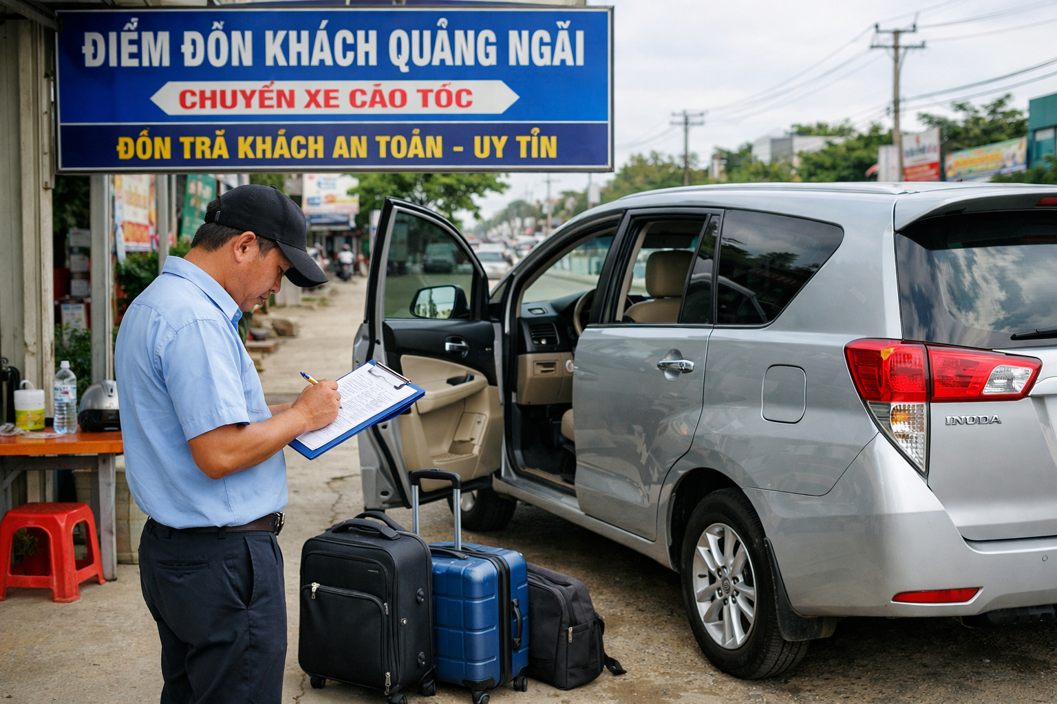 Tài xế kiểm tra thông tin đón khách xe ghép tại Quảng Ngãi