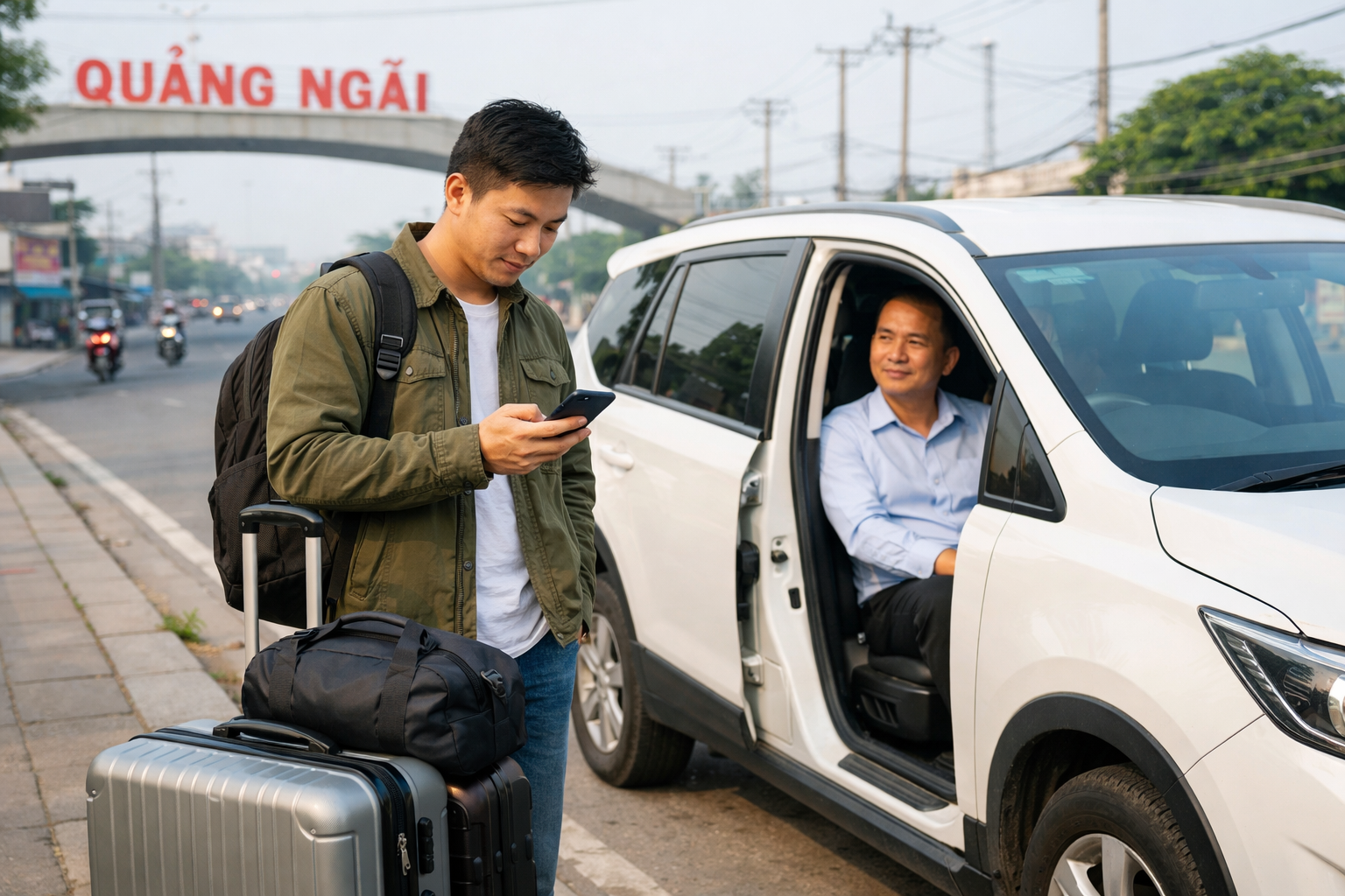 Khách kiểm tra giờ bay trước khi lên xe ghép từ Quảng Ngãi