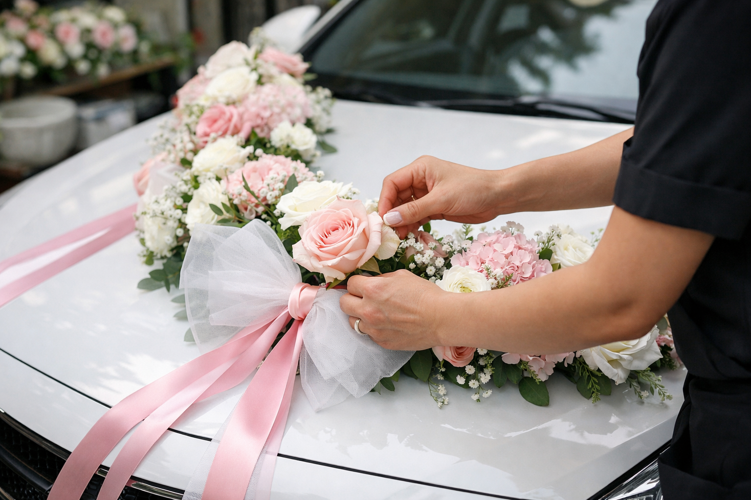 Trang trí xe hoa cưới với hoa tươi theo concept lễ cưới