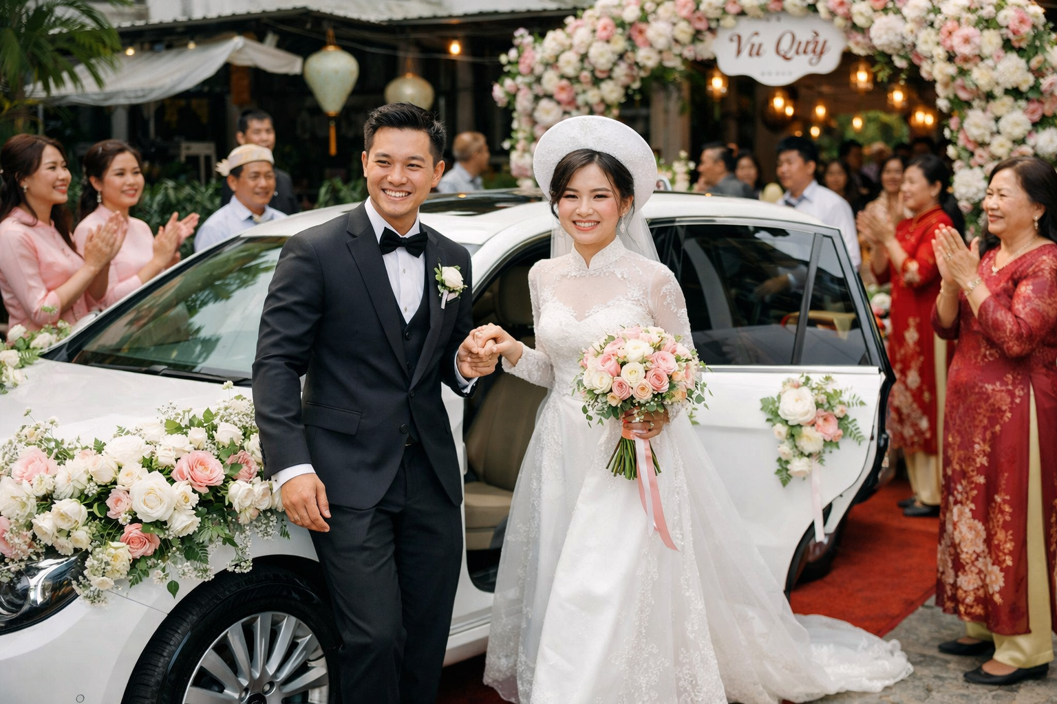 Xe cưới trang trí đẹp chở cô dâu chú rể đến lễ cưới ở Quảng Ngãi