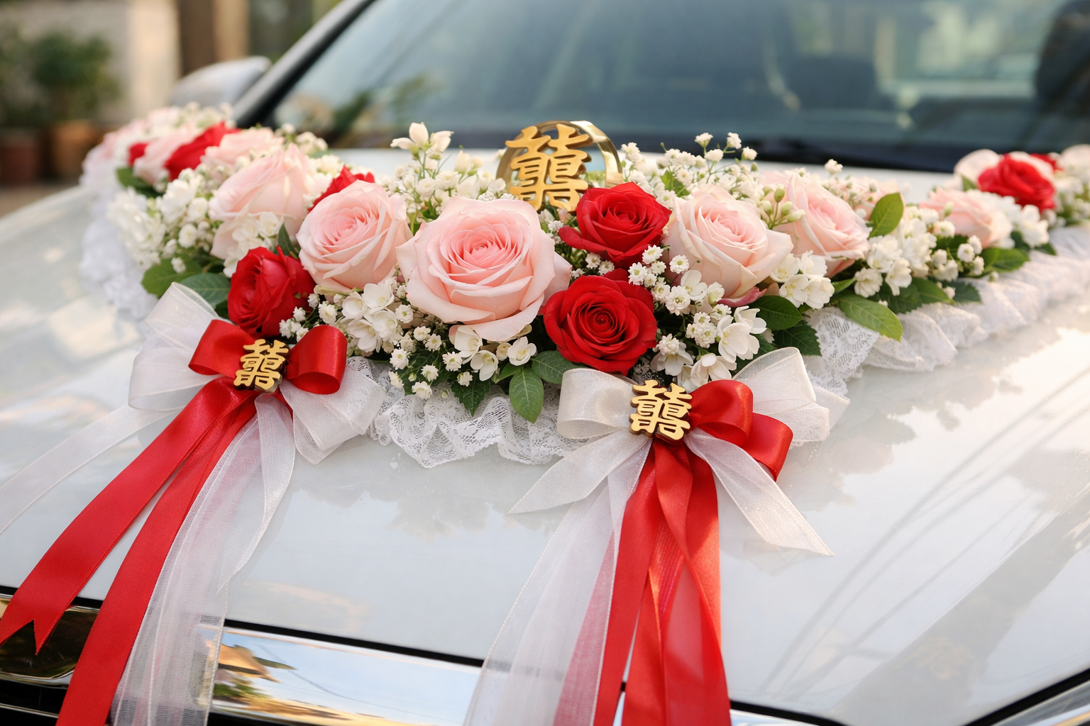 Cận cảnh trang trí hoa xe cưới ở Quảng Ngãi