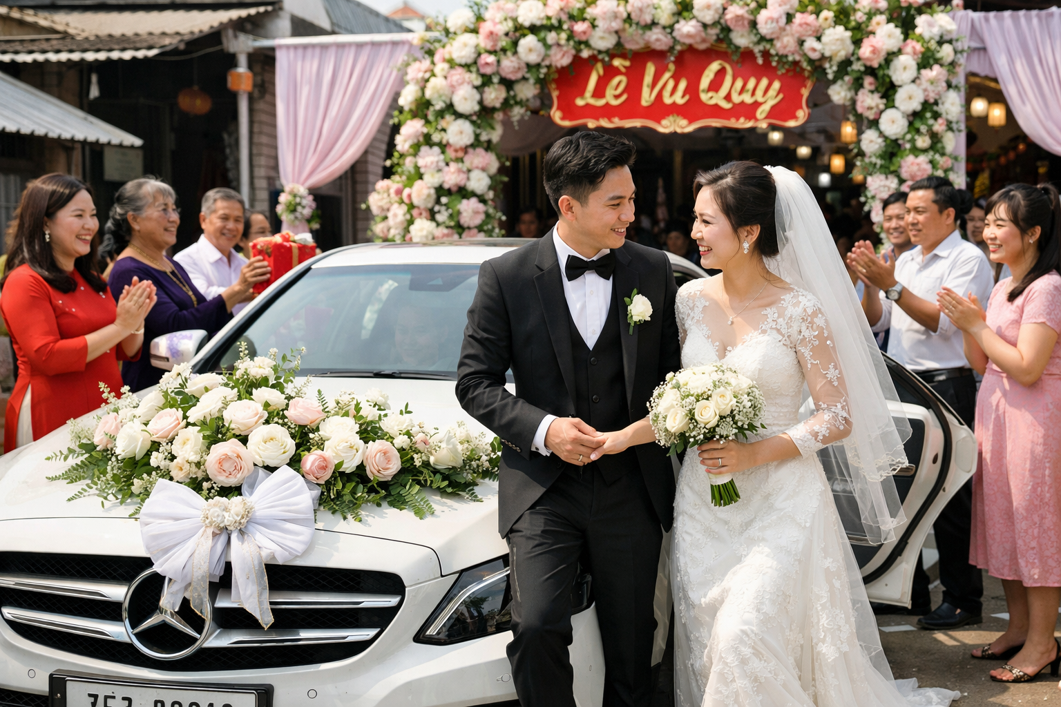 Xe cưới chở cô dâu chú rể đến lễ cưới ở Quảng Ngãi